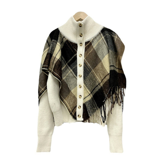 Turtleneck Plaid Tassel Shawl Knit Cardigan