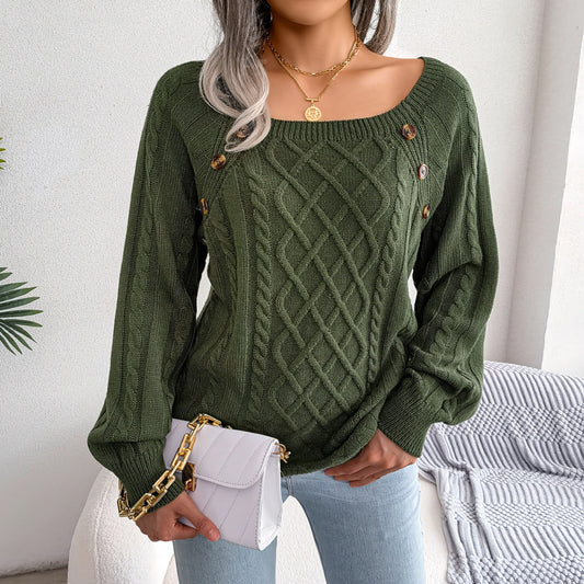 Button Design Square Neck Sweater
