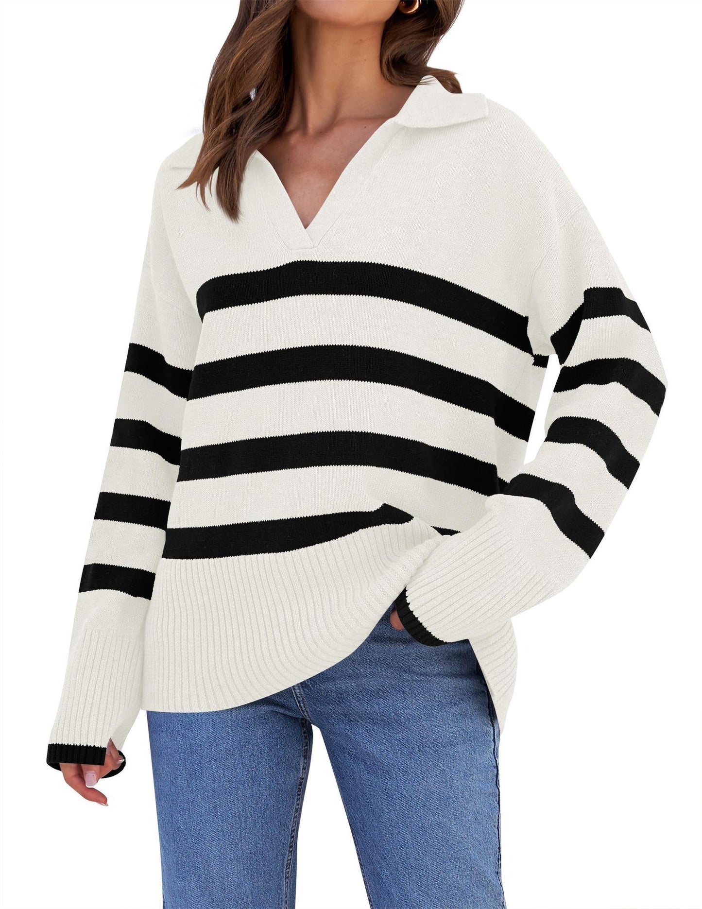 Loose Striped V-Neck Knit Sweater