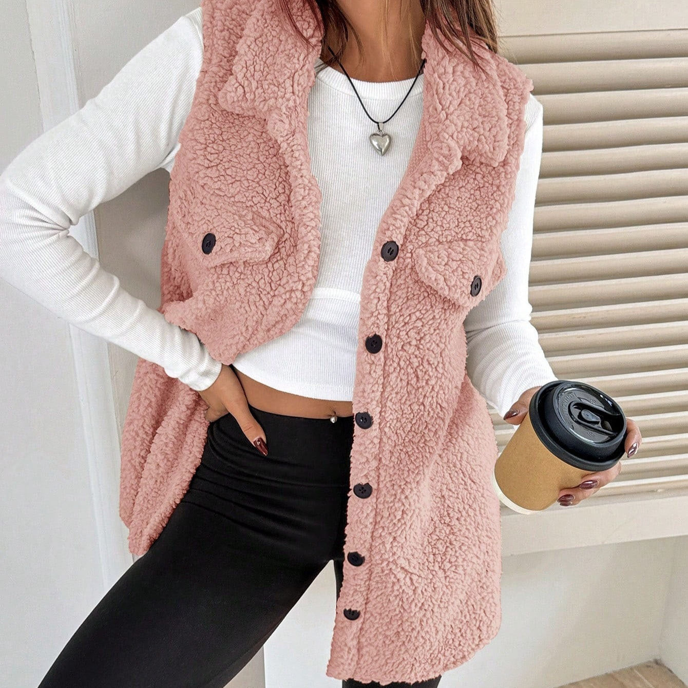 Lapel Open-Front Plush Vest Cardigan