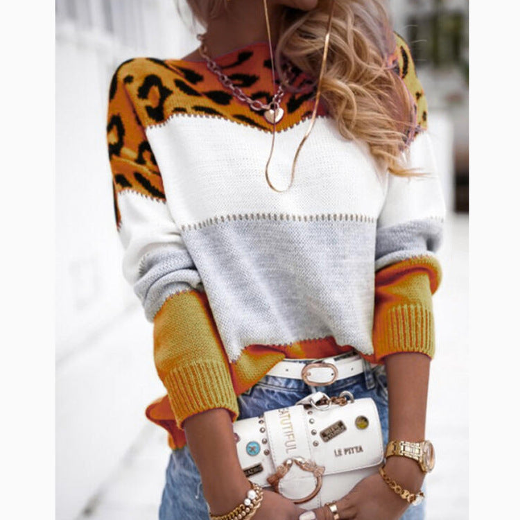 Colorblock Leopard Pattern Knit Sweater