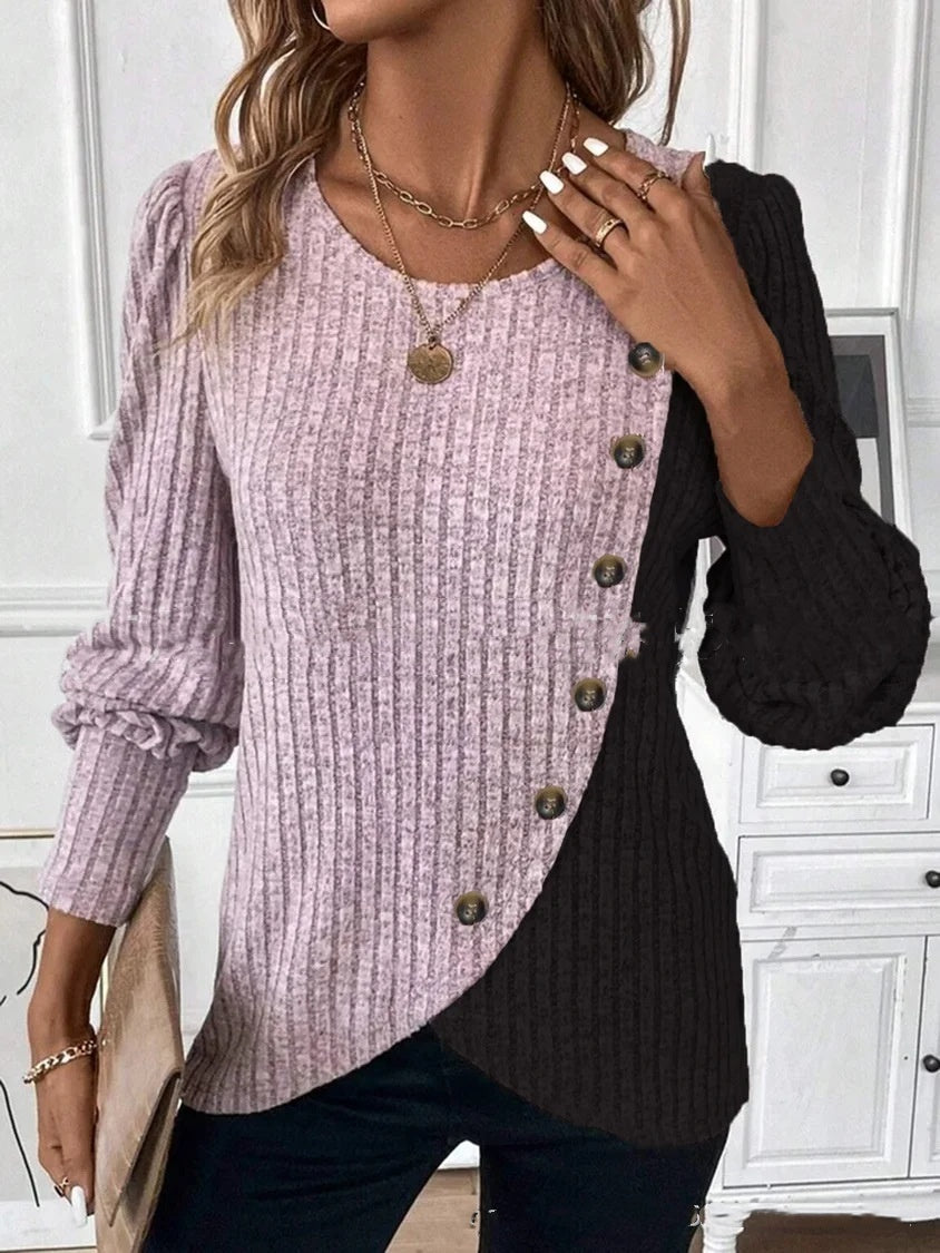 Two-Tone Buttoned Ribbed Knit Top