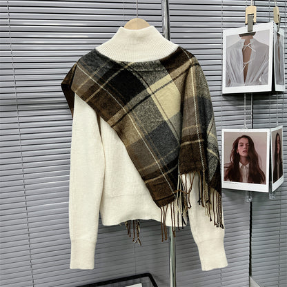 Turtleneck Plaid Tassel Shawl Knit Cardigan