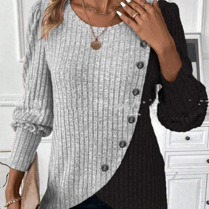 Two-Tone Buttoned Ribbed Knit Top