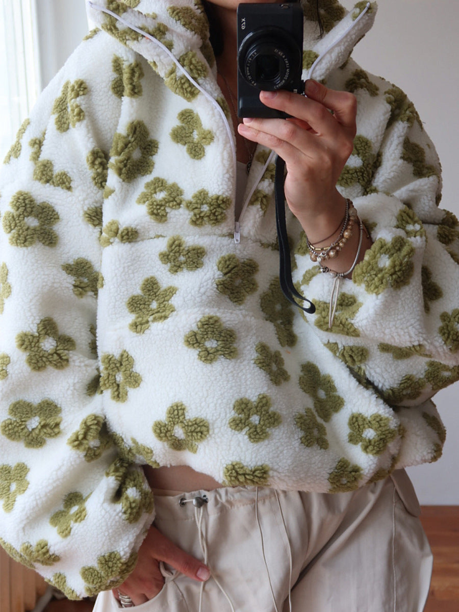 Floral Lambskin Zip-Up Pullover with Pocket