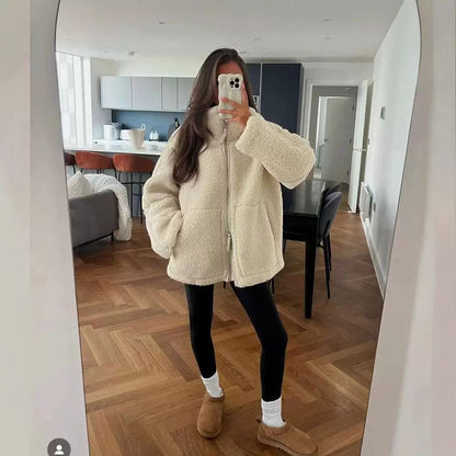 Stand Collar Wool Zip-Up Coat