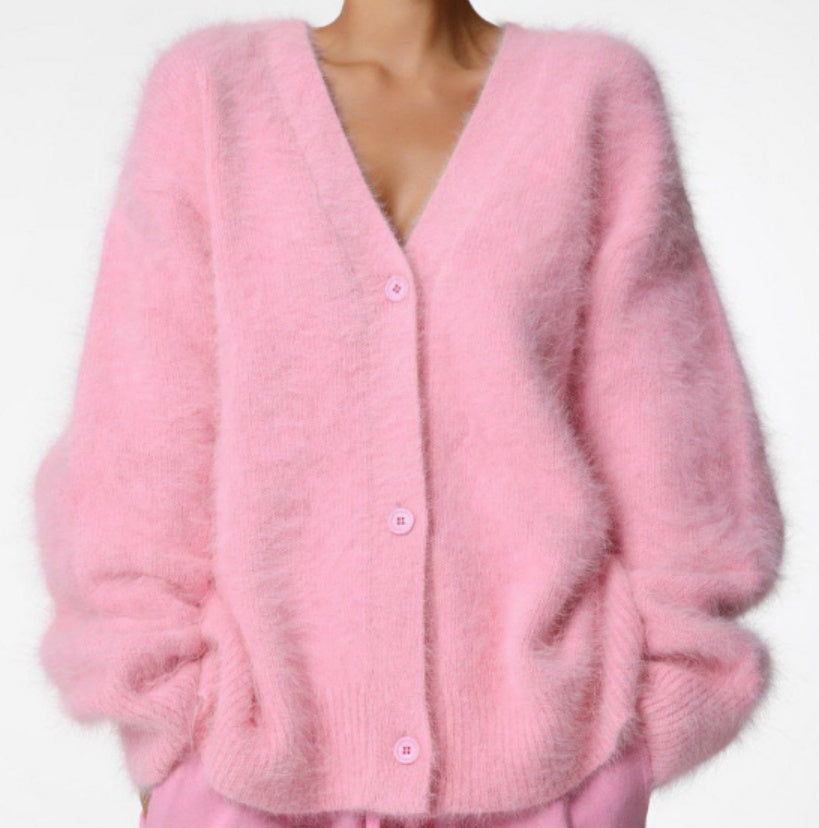 V-Neck Fuzzy Button Cardigan