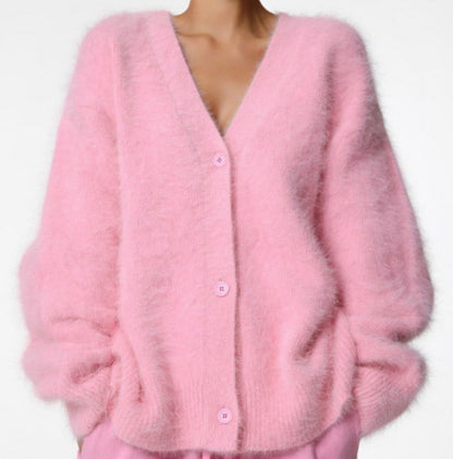 V-Neck Fuzzy Button Cardigan