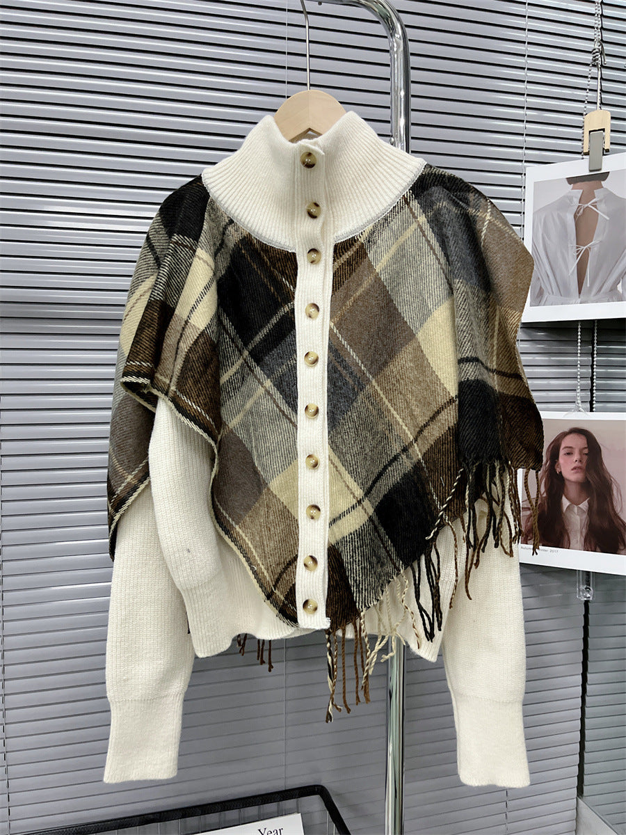 Turtleneck Plaid Tassel Shawl Knit Cardigan