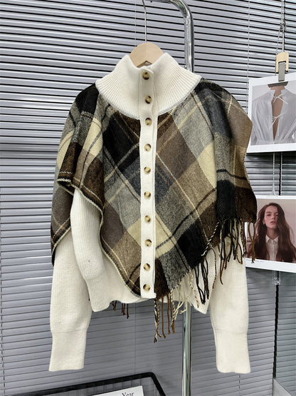 Turtleneck Plaid Tassel Shawl Knit Cardigan