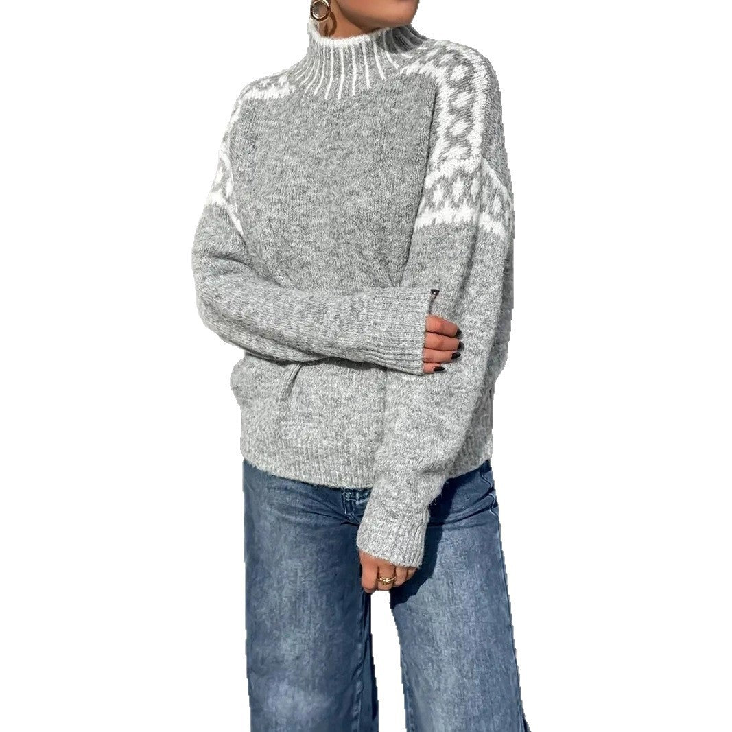 Contrast Color Turtleneck Loose Sweater