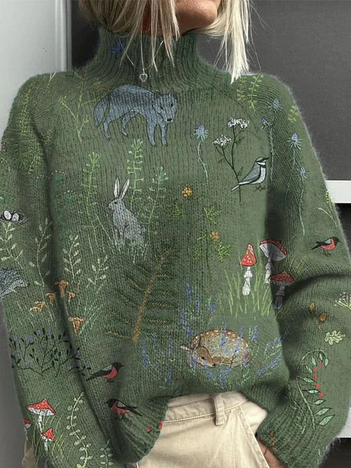 Reindeer Print Turtleneck Sweater