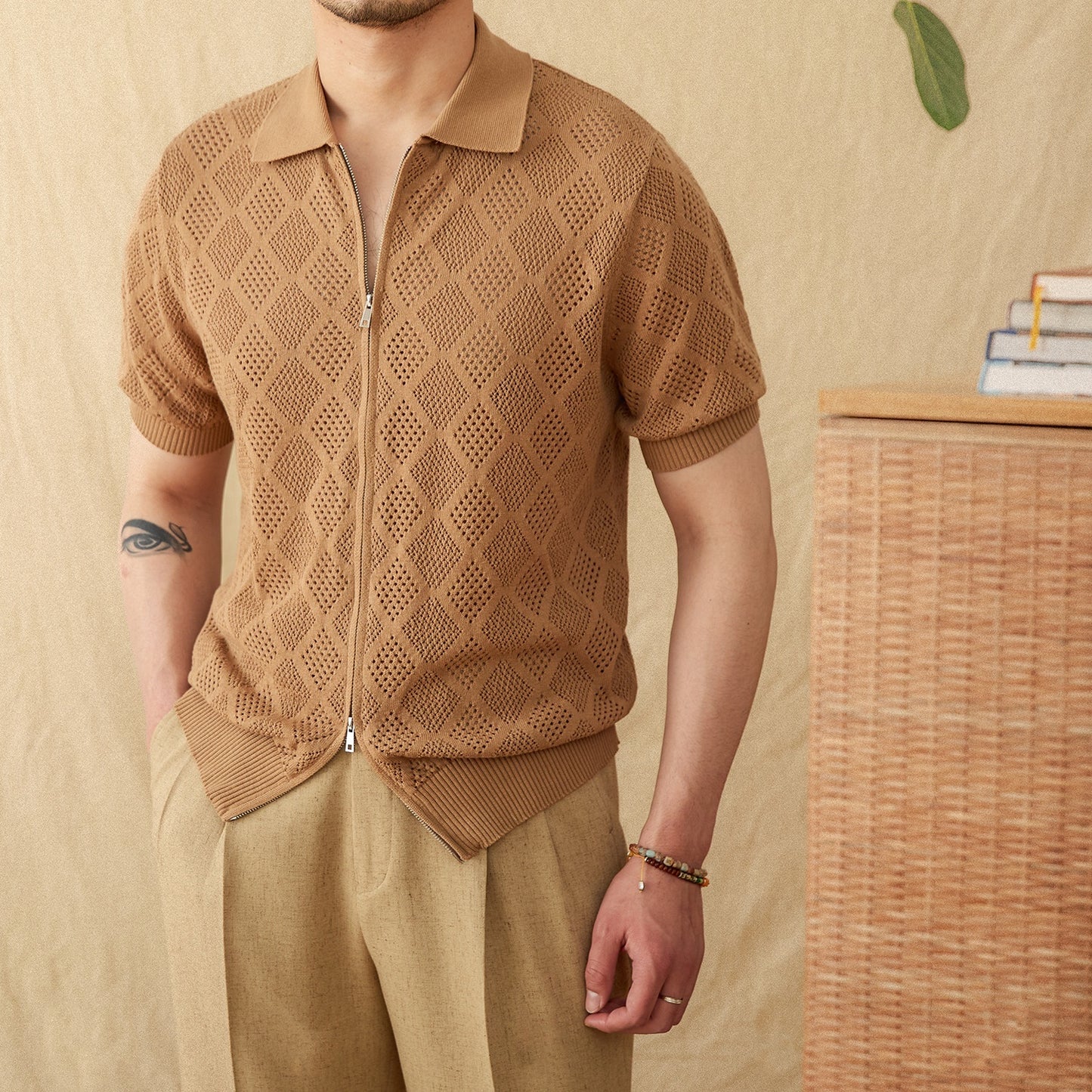 Moda Elite | Bawełniana koszulka polo z ażurowym zamkiem