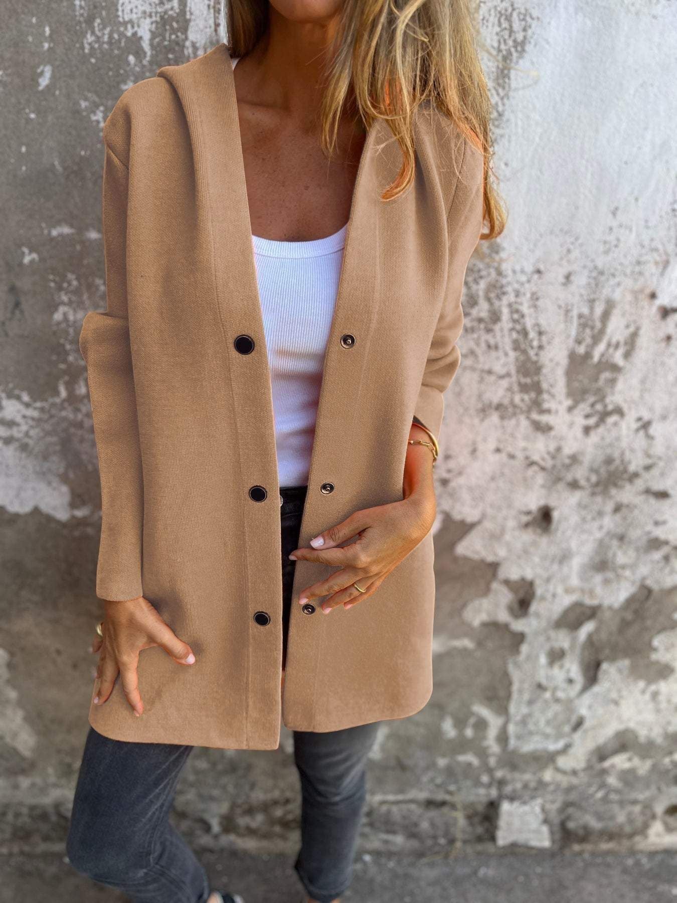 Loose Fit Hooded Solid Color Cardigan