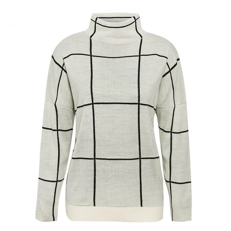 Stand Collar Checkered Knit Sweater