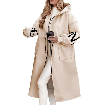 Hooded Knit-Sleeve Long Jacket
