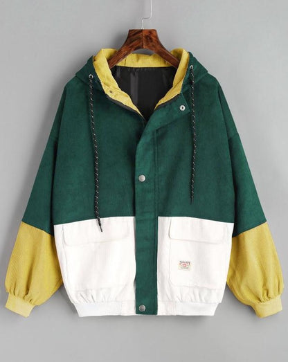Colorblock Corduroy Hooded Baseball Jacket