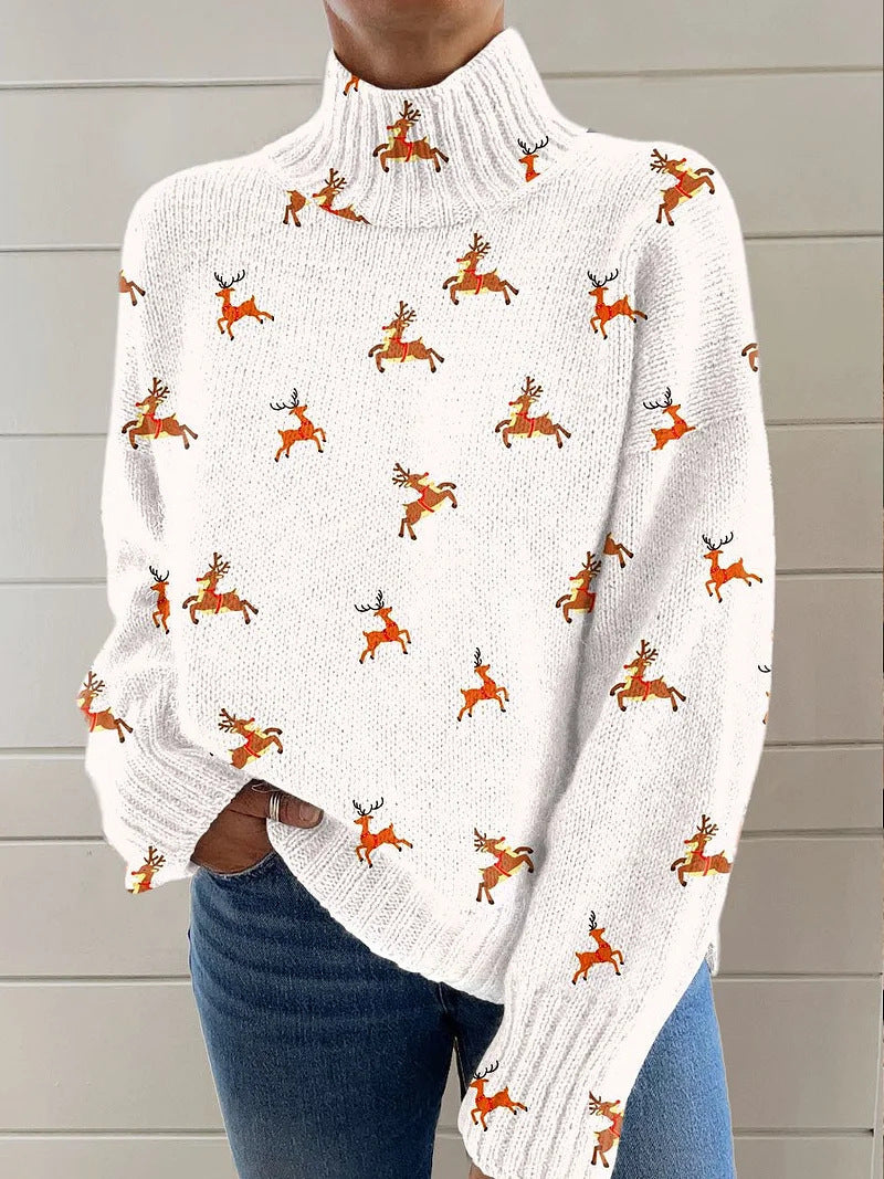 Reindeer Print Turtleneck Sweater