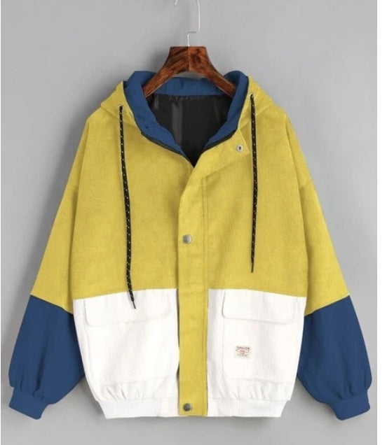 Colorblock Corduroy Hooded Baseball Jacket