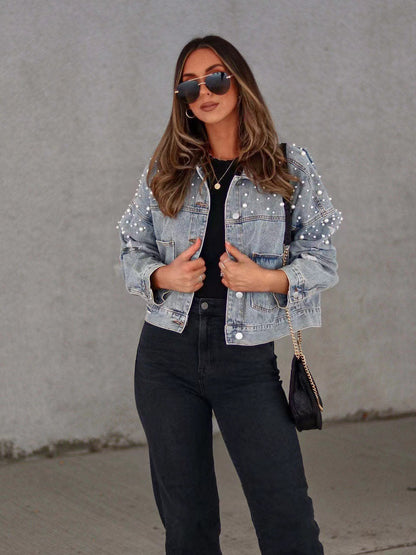 Pearl Embellished Loose Fit Denim Jacket