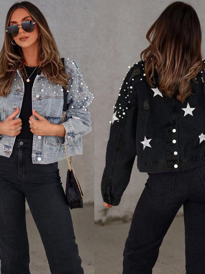 Pearl Embellished Loose Fit Denim Jacket