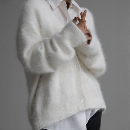 V-Neck Fuzzy Button Cardigan