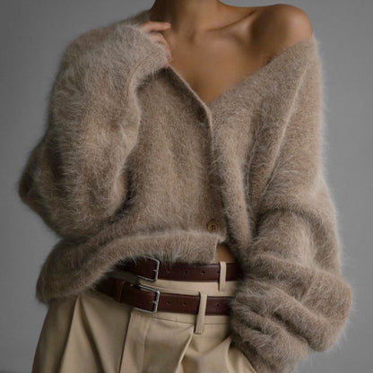V-Neck Fuzzy Button Cardigan