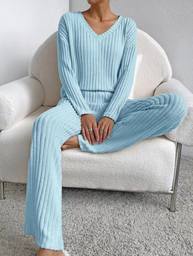 V-Neck Ribbed Knit Two-Piece Lounge Set