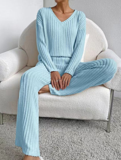 V-Neck Ribbed Knit Two-Piece Lounge Set