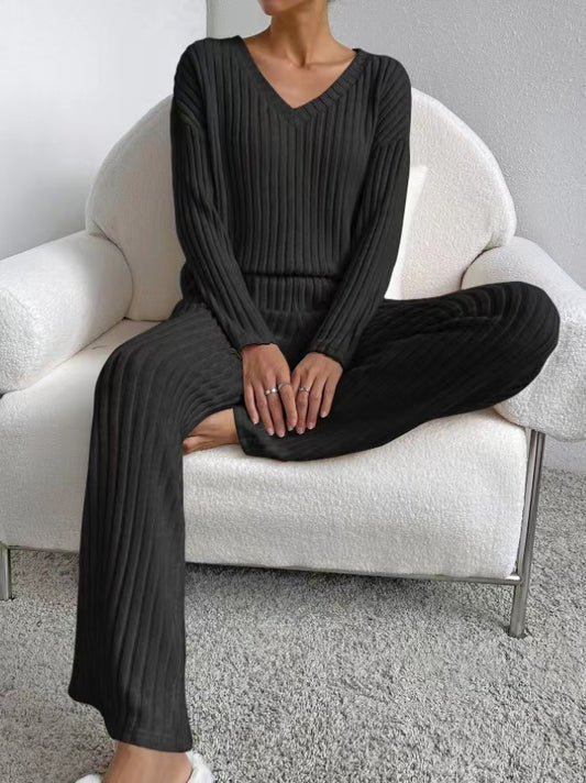 V-Neck Ribbed Knit Two-Piece Lounge Set