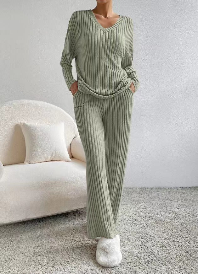 V-Neck Ribbed Knit Two-Piece Lounge Set