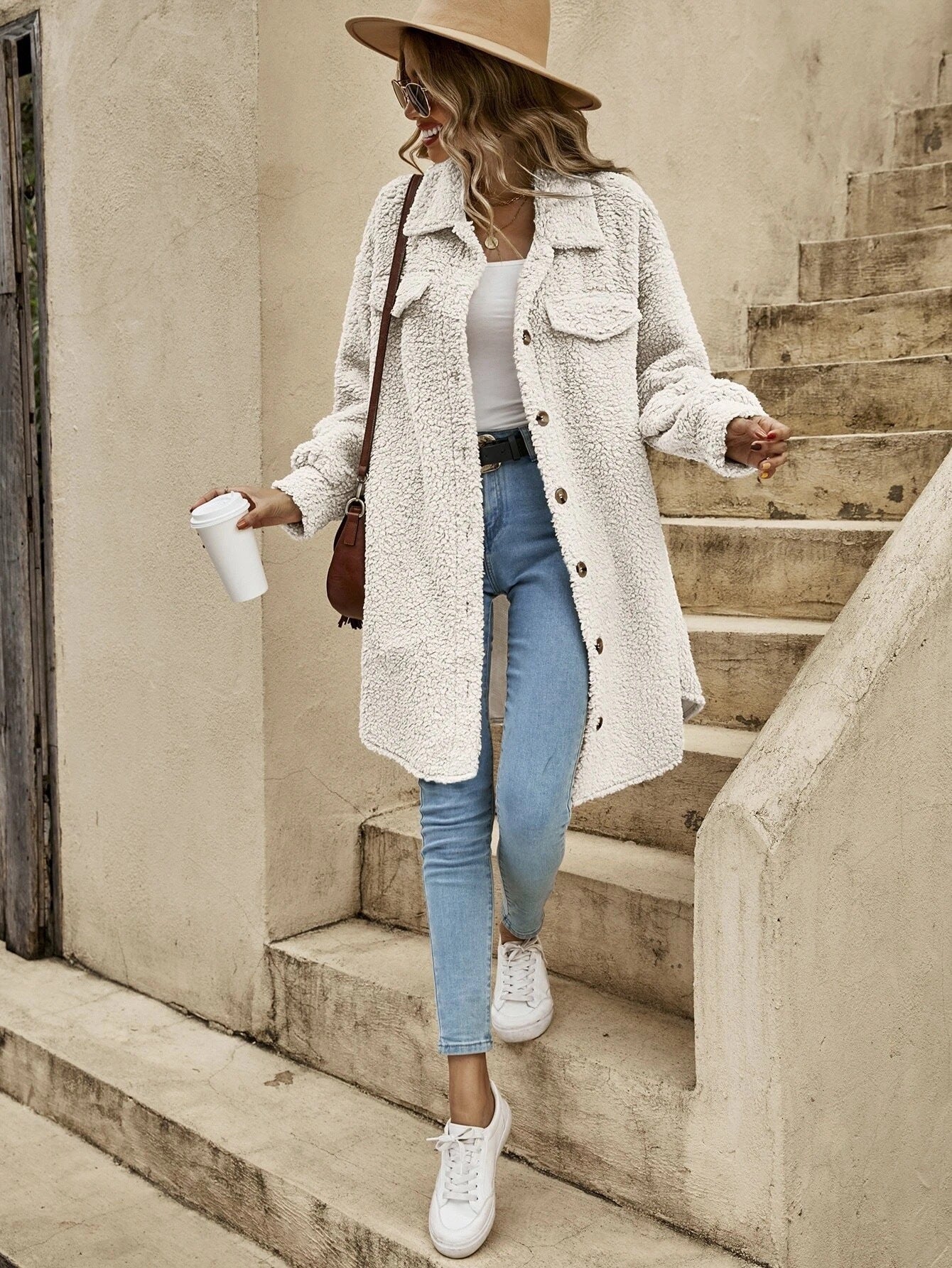 Women's Long Plush Button-Up Coat