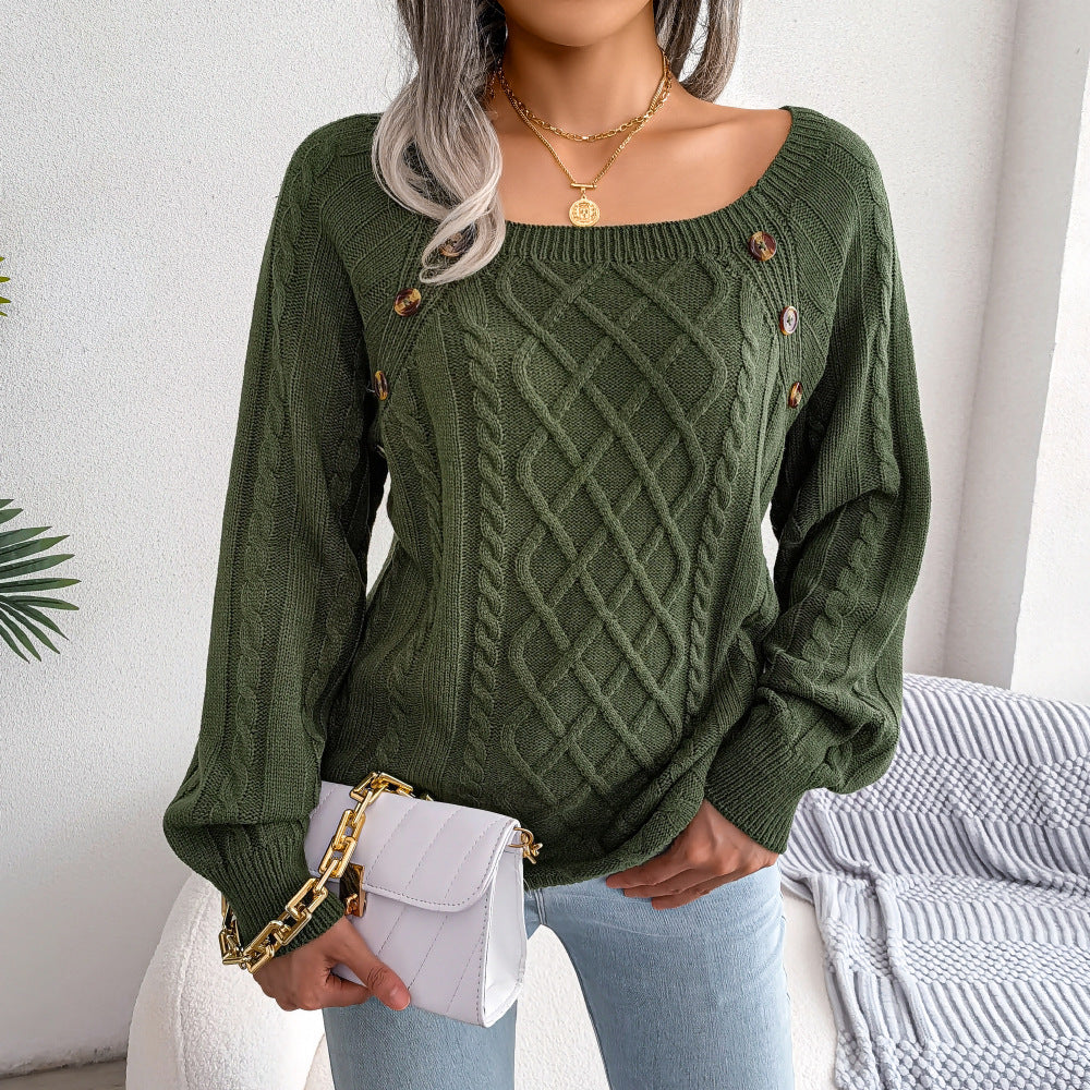 Button Design Square Neck Sweater