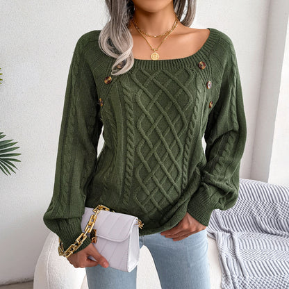 Button Design Square Neck Sweater