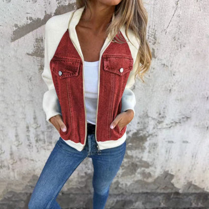 Denim Patchwork Zip-Up Casual Jacket