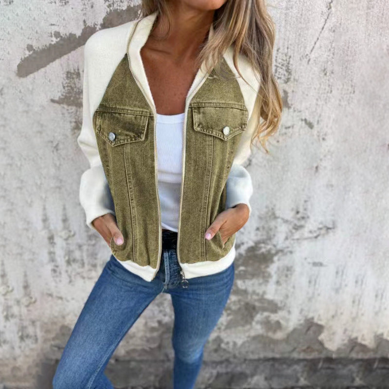 Denim Patchwork Zip-Up Casual Jacket