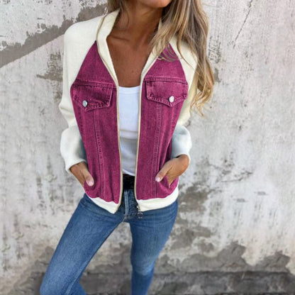 Denim Patchwork Zip-Up Casual Jacket