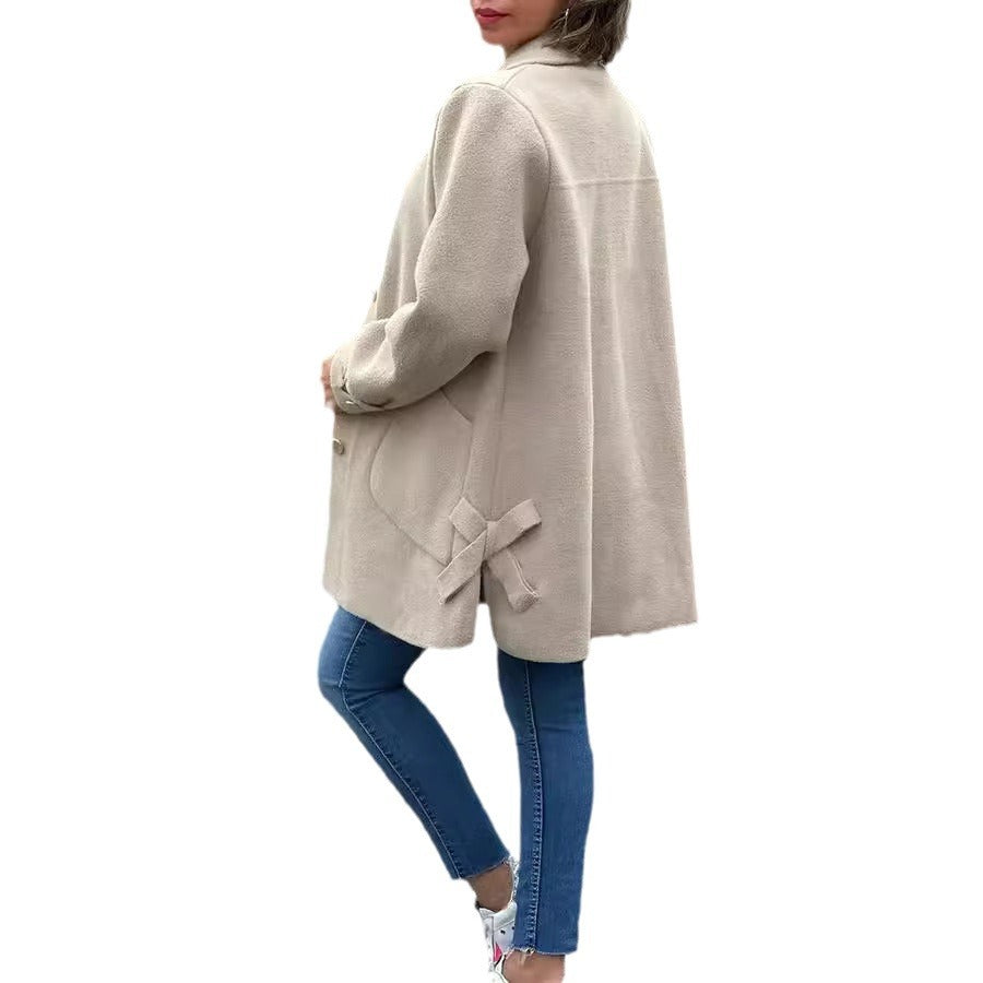 Woolen Bow Collar Casual Coat