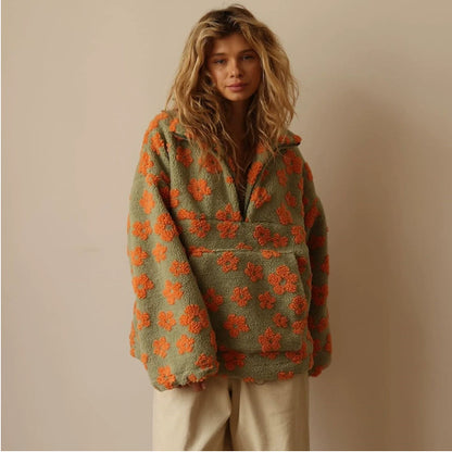 Floral Lambskin Zip-Up Pullover with Pocket