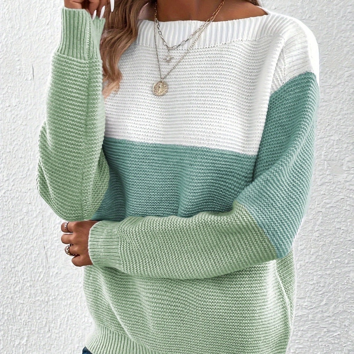 Colorblock Round Neck Knit Sweater