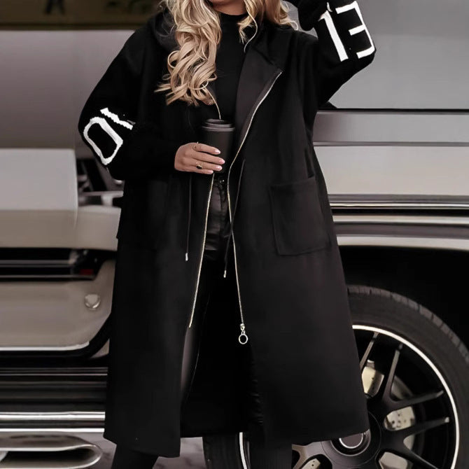 Hooded Knit-Sleeve Long Jacket