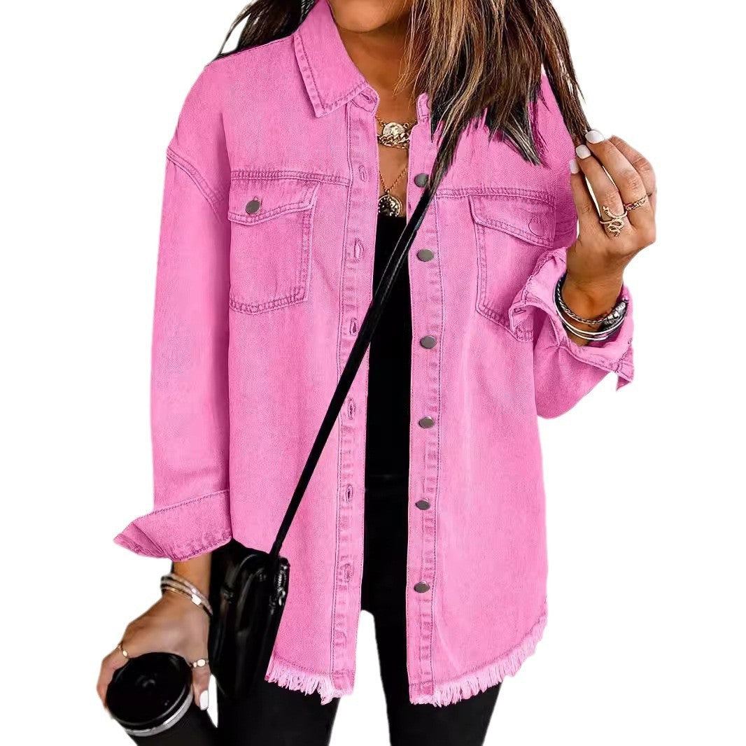 Frayed Hem Washed Denim Jacket