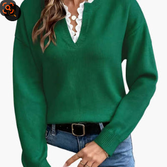 Lace-Trim V-Neck Elegance Sweater