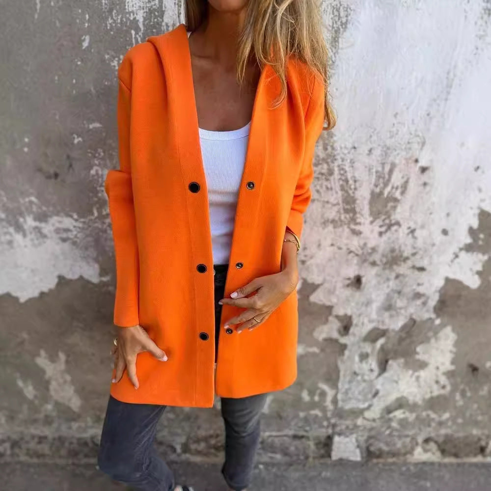 Loose Fit Hooded Solid Color Cardigan