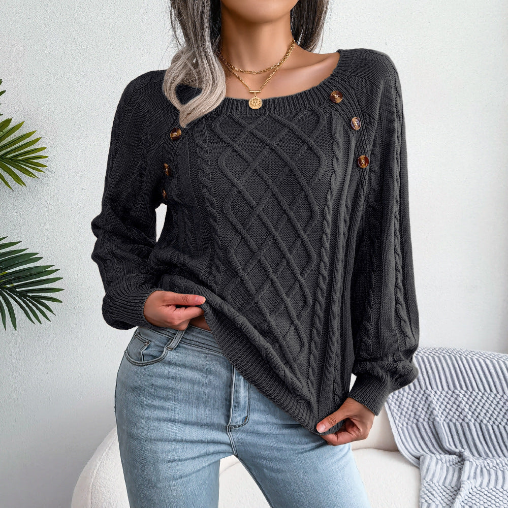 Button Design Square Neck Sweater