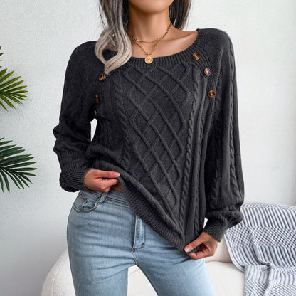 Button Design Square Neck Sweater