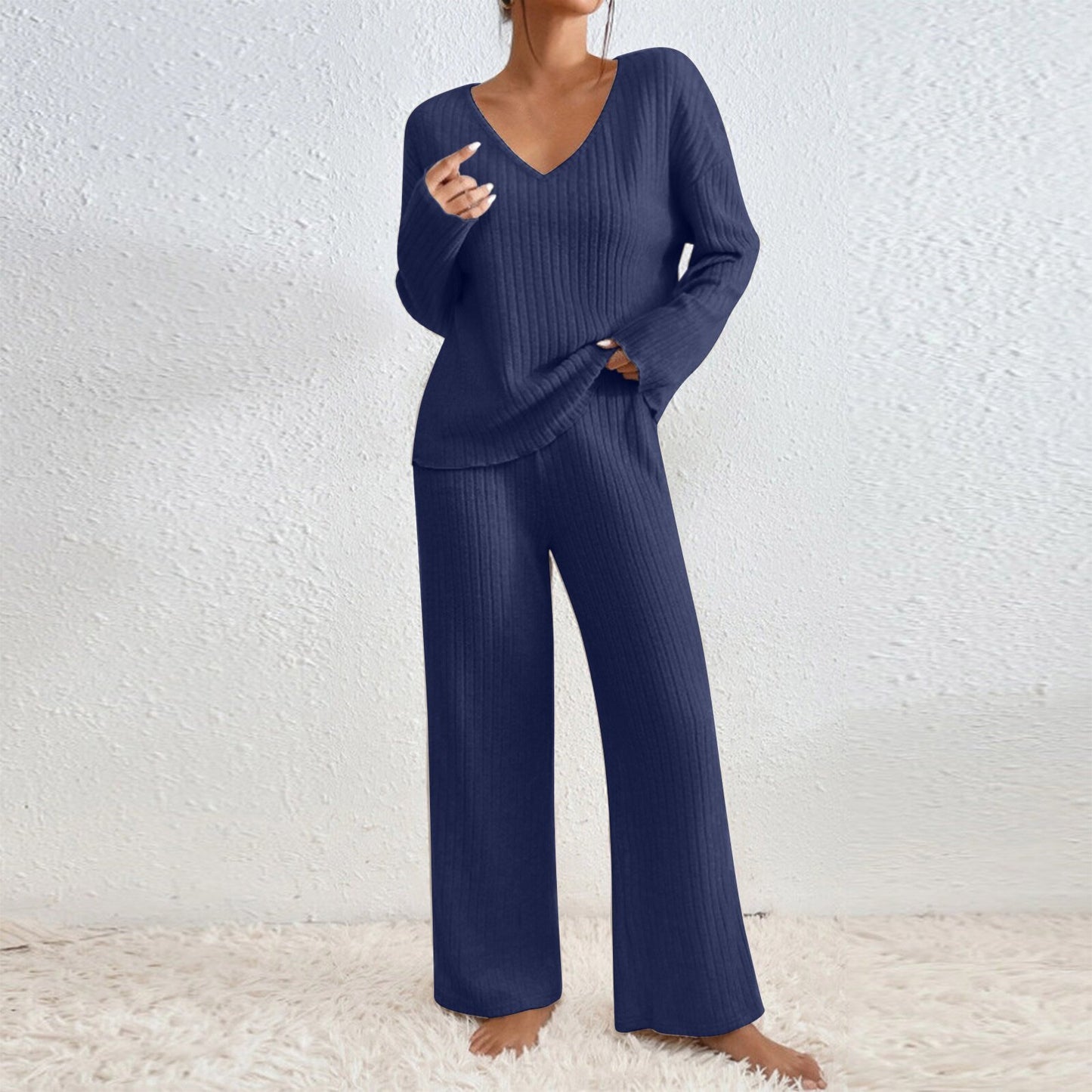 V-Neck Ribbed Knit Two-Piece Lounge Set