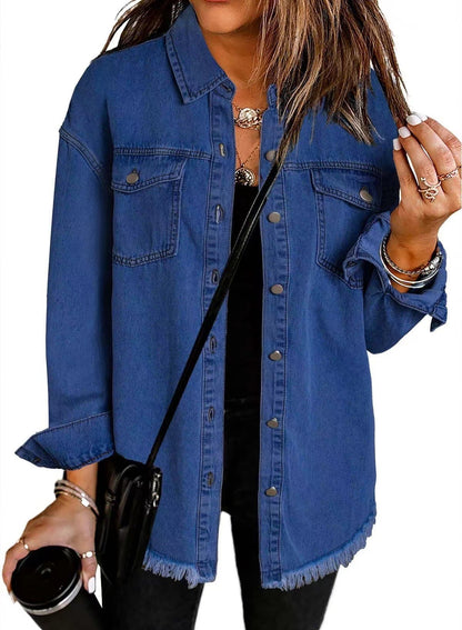 Frayed Hem Washed Denim Jacket