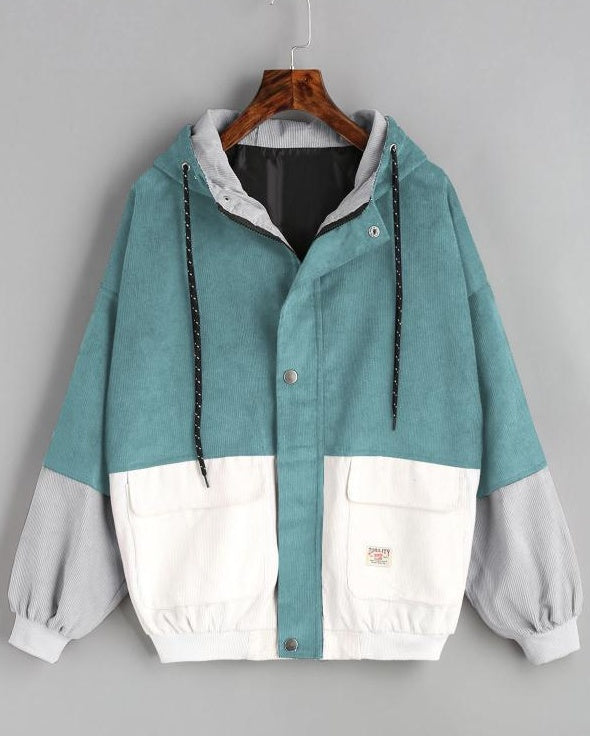 Colorblock Corduroy Hooded Baseball Jacket