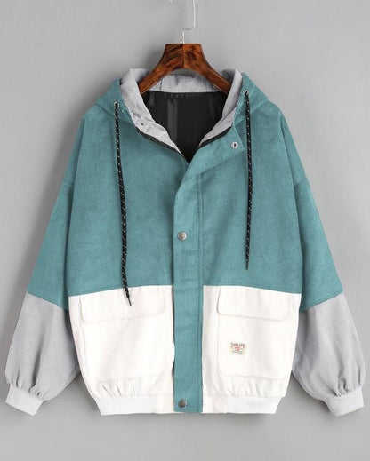Colorblock Corduroy Hooded Baseball Jacket